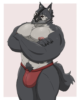 anthro areola barazoku big_muscles big_pecs black_sclera bodily_fluids bottomwear bulge chest_tuft clothed clothing crossed_arms detailed_bulge eye_scar facial_scar fur genital_outline grey_body grey_fur jockstrap looking_at_viewer male muscular muscular_anthro muscular_male muzzle_(object) navel nipple_dip nipple_piercing nipples pecs penis_outline piercing pube_peek pubes scar solo sweat sweatdrop tail thick_thighs tight_bottomwear tight_clothing tight_jockstrap tight_underwear topless tuft underwear underwear_only v-cut overly_ketchup mihoyo zenless_zone_zero romeul_(zenless_zone_zero) sanguine_sweeper canid canine canis mammal wolf absurd_res hi_res