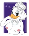 anthro beak big_breasts breasts fancy_hairdo female gem jewelry necklace necklace_only nipples non-mammal_breasts non-mammal_nipples nude pearl_(gem) pearl_necklace pink_nipples solo vintage_pinup white_body yellow_beak kinkypeach disney ducktales ducktales_(2017) marguerite_mallory anatid anseriform avian bird duck hi_res