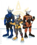 anthro armor blue_eyes blue_hair blue_stripes brown_hair claws crest_of_courage digimon_crest green_eyes group hair headgear helmet hero latex male male/male multiple_poses paws pose red_hair stripes symbol tail trio samaraka bandai_namco digimon solgreymon wargreatmon digimon_(species) wargreymon hi_res