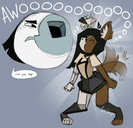 alternate_species anthro black_eyes black_hair bottomwear brown_body brown_fur clothed clothing dialogue duo eyebrows feet female fur furrification hair hindpaw howl markings multicolored_body paws shirt simple_background skirt speech_bubble spots spotted_body standing suspenders tail tail_motion tailwag text topwear two_tone_body white_body metallicumbrage ena_(series) ena_(web_series) ena_(joel_g) moony_(ena) canid canine canis digital_creature domestic_dog ena_(species) living_moon mammal digital_media_(artwork) hi_res