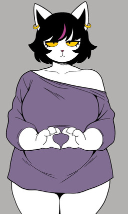 4_fingers alternative_fashion anthro belly black_hair black_mascara breasts clothing collarbone dress ear_piercing ear_ring eyelashes female female_anthro fingers form_fitting fur gesture gold_(metal) gold_ear_ring goth hair half-closed_eyes heart_gesture highlights_(coloring) legs_together looking_at_viewer makeup mascara narrowed_eyes one_shoulder_out piercing pink_highlights pink_nose purple_clothing purple_dress ring_piercing slightly_chubby slightly_chubby_anthro slightly_chubby_female solo standing thick_eyelashes thick_thighs white_body white_fur yellow_sclera samme_hacci deltarune undertale_(series) catti_cattenheimer domestic_cat felid feline felis mammal 2025 colored digital_drawing_(artwork) digital_media_(artwork) hi_res