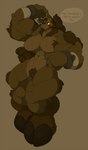 anthro breasts brown_body brown_fur dialogue ear_piercing ear_ring female fur hooves looking_aside muscular muscular_female navel nipples piercing pubes ring_piercing simple_background small_head smile solo text freebird11 alpaca camelid mammal 2018 english_text hi_res