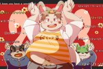 anthro brown_body carrot dancing food green_body group kemono male overweight overweight_male plant vegetable green_bell canid canine canis domestic_dog lagomorph leporid mammal rabbit 2023 hi_res