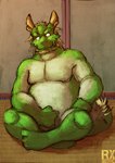 anthro beard belly blonde_mane countershade_arms countershade_torso countershading crossed_legs facial_hair green_body green_skin hair horn logo male mane mature_anthro mature_male muscular muscular_anthro muscular_male nude pecs sitting sitting_on_ground snaggle_tooth solo tail tail_mane tan_body tan_skin aledonrex asian_mythology east_asian_mythology morenatsu mythology tappei_(morenatsu) dragon eastern_dragon mythological_creature mythological_scalie scalie 2013 artist_logo colored