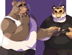 anthro bent_arm bottomwear brown_body brown_fur clothing duo fur humanoid_hands kemono male musical_note musical_symbol nail_clipper overweight overweight_male pants shirt simple_background symbol topwear arufina_w bear felid mammal pantherine tiger 2023 hi_res