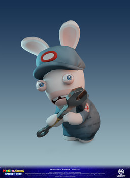 anthro blue_background blue_clothing blue_eyes blue_hat blue_headwear blue_jumpsuit buckteeth clothed clothed_anthro clothed_male clothing copyright_symbol frown fully_clothed fully_clothed_anthro fully_clothed_male fur gradient_background half-closed_eyes hat headgear headwear holding_object holding_tool holding_wrench light logo long_ears male male_anthro mitten_hands multicolored_body narrowed_eyes no_eyebrows noseless open_frown open_mouth pawpads right-handed short_legs simple_background smile smiling_at_viewer solo standing symbol tan_body tan_eyelids tan_inner_ear tan_pawpads tan_skin teeth text title tools two_tone_body white_body white_fur worried_look wrench year paolo_miki_cagnetta mario_plus_rabbids_sparks_of_hope nintendo raving_rabbids rayman_(series) ubisoft lagomorph mammal rabbid 2023 3d_(artwork) adobe_photoshop_(artwork) artist_name autodesk_maya_(artwork) blender_(artwork) colored crossover digital_media_(artwork) english_description english_text full-length_portrait hi_res lighting official_art portrait shaded substance_painter_(artwork) zbrush_(artwork)