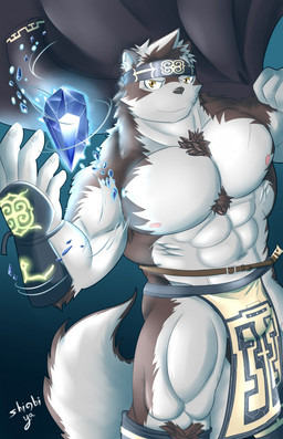 5_fingers accessory ainu_clothing anthro bottomwear brown_body brown_fur brown_tail clothing coat fingers fur grey_body grey_fur headband humanoid_hands loincloth male mostly_nude multicolored_body multicolored_fur muscular muscular_anthro muscular_male muscular_thighs nipples pink_nipples tail topwear two_tone_body two_tone_fur two_tone_tail white_tail shinobiya lifewonders tokyo_afterschool_summoners horkeu_kamui_(tas) canid canine canis mammal wolf 2018 colored hi_res