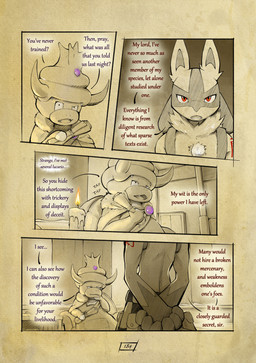 anthro arm_tattoo biped candle chest_spike dialogue fur hands_behind_back inside light male open_mouth page_number pouch_(clothing) red_eyes red_tattoo spikes spikes_(anatomy) sunlight tail tattoo text truescorn nintendo pokemon pokemon_mystery_dungeon spike_chunsoft asche_(truescorn) generation_2_pokemon generation_4_pokemon lucario pokemon_(species) slowking 2026 absurd_res comic english_text hi_res huge_filesize