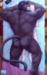 anthro back_muscles beard bed biceps bite black_body black_fur black_hair blue_eyes blush bodily_fluids butt butt_muscles cuddling duo ear_bite electronics facial_hair fur furniture hair human_on_anthro inner_ear_fluff interspecies larger_anthro larger_male male male/male muscular muscular_anthro muscular_male nibbling nude on_bed phone pinned size_difference smaller_human smaller_male sweat triceps tuft physen felid feline felis human mammal absurd_res hi_res