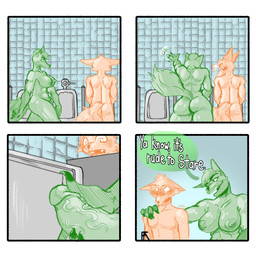 abs anthro balls bathroom biceps big_balls big_breasts big_butt big_penis blush breasts butt dialogue duo embarrassed erection exhibitionism fur genitals gynomorph hair huge_breasts huge_butt huge_penis humanoid_genitalia humanoid_penis humor intersex intersex/male male muscular muscular_anthro muscular_intersex nipples nude penis public public_nudity public_restroom restroom_stall simple_background size_difference size_play smile speech_bubble submissive submissive_male text thick_thighs urinal voyeur wide_hips frozenartifice canid canine fox mammal 1:1 absurd_res comic digital_media_(artwork) english_text hi_res