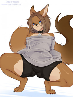 anthro black_bottomwear black_clothing black_collar black_shorts blue_eyes bottomwear brown_body brown_ears brown_fur brown_hair brown_tail bulge butt claws clothed clothing collar collar_tag eyebrow_through_hair eyebrows eyelashes eyelashes_through_hair femboy fur hair male shorts simple_background sitting smile solo sweater tail tan_body tan_ears tan_face tan_fur text topwear translucent translucent_hair white_background white_clothing white_sweater white_topwear asusya space_station_13 lento_taivaalla vulpkanin english_text hi_res signature