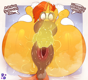 anus backsack balls big_anus big_butt blush blush_lines butt dialogue dock_(anatomy) eyewear feral flexible floating_hands fur gaping gaping_anus genitals glasses hair horn legs_behind_head legs_up lying magic magic_hands magic_user male mane messy on_back orange_body orange_fur orange_hair orange_mane orange_tail presenting presenting_anus presenting_hindquarters puffy_anus solo tail text pony_dreaming friendship_is_magic hasbro my_little_pony mythology sunburst_(mlp) equid equine horse mammal mythological_creature mythological_equine pony unicorn absurd_res english_text hi_res