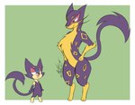 ambiguous_gender anthro chaokocartoons chest_tuft domestic_cat duo felid feline felis feral generation_5_pokemon leopard lidded_eyes liepard looking_at_another mammal nintendo pantherine pokemon pokemon_(species) purrloin shocked shocked_expression standing tail thick_thighs tuft