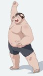 anthro belly clothing humanoid_hands kemono male navel overweight overweight_anthro overweight_male pink_body simple_background solo underwear white_background train_(artist) domestic_pig mammal suid suina sus_(pig) 2014