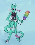 anthro blue_body blue_fur cleaning_tool clothed clothing female fur leotard maid_uniform membrane_(anatomy) musical_note musical_symbol pink_eyes simple_background solo swimwear symbol tail uniform alexleviafan rain_world videocult rivulet_(rain_world) felid mammal slugcat digital_media_(artwork)