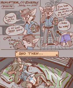 alcohol anthro beer beverage bottomwear bubble bulge clothing diaper drunk drunk_bubble eyewear glasses male sound_effects standing substance_intoxication text underwear young young_anthro young_male harmarist canid canine canis mammal wolf 2021 comic english_text hi_res