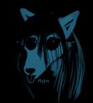 anthro black_and_blue black_hair black_sclera blep canid canine canis carol_(hladilnik) digital_media_(artwork) domestic_dog english_text female hair hi_res hladilnik looking_at_viewer mammal possession restricted_palette solo text tongue tongue_out