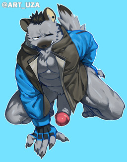 anthro athletic athletic_male big_glans black_claws black_hair bottomless bottomless_male claws clothed clothing ear_piercing erection fingerless_gloves fur genitals glans glistening glistening_genitalia glistening_glans glistening_penis gloves grey_body grey_fur grin hair hand_on_butt handwear humanoid_genitalia humanoid_penis jacket jacket_only kneeling male one_eye_closed penis piercing round_ears scar smile solo tail teeth topwear topwear_only vein veiny_penis art_uza arknights hypergryph studio_montagne spot_(arknights) hyena mammal spotted_hyena 2023 absurd_res hi_res shaded