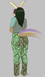 ambiguous_gender anthro big_butt biped bottomwear butt clothed clothed_ambiguous clothing fake_horns furgonomic_bottomwear furgonomics green_body green_bottomwear green_clothing green_hair green_pants green_scales grey_background grey_clothing grey_shirt grey_topwear hair long_hair pants pattern_bottomwear pattern_clothing purple_body purple_scales question_mark rear_view scales shirt simple_background solo standing tail text topwear hyuvevo cavemanon_studios snoot_game schizo_chan_(snoot_game) compsognathid compsognathus dinosaur prehistoric_species reptile scalie theropod 2025 absurd_res artist_name full-length_portrait hi_res portrait shaded female_(lore)