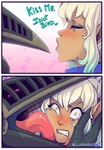 anthro armor blush close-up dialogue duo eyes_closed female female_humanoid hair headgear helmet humanoid_on_anthro interspecies_romance kissing licking male male_anthro puckered_lips romantic romantic_couple scuted_hands scutes tan_body tan_skin text tongue white_hair lluisabadias dungeons_and_dragons hasbro wizards_of_the_coast bell_toll_(lluisabadias) fioresume_silversong avian bird corvid corvus_(genus) crow elf humanoid kenku near-human oscine passerine 2025 absurd_res comic english_text hi_res