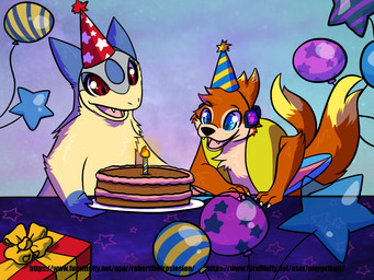 2_tails 3_fingers anthro balloon biped birthday blue_body blue_eyes blue_fur cake candle chest_tuft claws clothing dessert duo electronics fingers fluffy fluffy_tail food fur gift hat headgear headphones headwear inflatable long_tail male multi_tail open_mouth orange_body orange_fur orange_tail party party_hat red_eyes standing tail teeth tuft white_claws yellow_body yellow_fur nugget_kun nintendo pokemon ren_the_floatzel robert_the_froslosion floatzel generation_2_pokemon generation_4_pokemon pokemon_(species) typhlosion 4:3