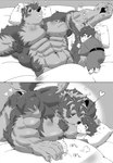 abs anthro asian_clothing bed blush clothed clothing cuddling duo east_asian_clothing furniture japanese_clothing kimono kissing_cheek male male/male muscular muscular_anthro muscular_male navel pecs romantic romantic_couple size_difference sleeping topless topless_male waking_up young suzuapi2 lifewonders tokyo_afterschool_summoners horkeu_kamui_(tas) protagonist_(tas) twink_protagonist_(tas) canid canine canis human mammal wolf monochrome