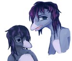 anthro front_view hair hair_over_eye long_hair looking_at_viewer male nude open_mouth sharp_teeth shirtless side_view simple_background teeth teochronico cetacean dolphin mammal marine toothed_whale 2023 hi_res