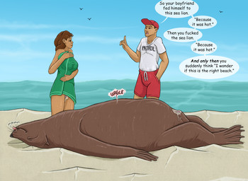 after_sex animal_genitalia baseball_cap beach bestiality bodily_fluids brown_hair clothed clothing covering cum cum_from_vagina cum_in_vagina cum_inside dialogue feet female female_human feral feral_pred fully_clothed fully_inside fully_sheathed genital_fluids genitals group hair hat headgear headwear lying male male_feral male_human male_pred membrane_(anatomy) nude on_back profanity sand sea sheath speech_bubble text toes tongue tongue_out towel towel_only trio vore vulva water wearing_towel webbed_feet strega ambient_bird aquatic human mammal pinniped sea_lion 2026 english_text hi_res