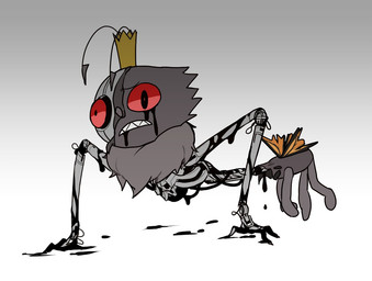 2_antennae 4_legs alternate_species ambiguous_gender antennae_(anatomy) black_eyes body_horror clenched_teeth crown dirty feral fur gore gradient_background grey_antennae grey_body grey_fur headgear insect_wings lepidopteran_wings long_arms long_torso machine melting oil open_mouth orange_wings pained_expression red_sclera robot_gore ruff side_view simple_background skinless solo standing teeth torn_wing wings wire 0101010_o blushcrunch_studio dandy's_world disney hoppers_(disney) pixar titus_(hoppers) robot twisted_(dandy's_world) korean_description