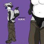 anthro bottomwear bulge butt cargo_pants clothed clothing dressing dressing_up fingers fur hair jockstrap male pants rear_view simple_background solo tail text topless underwear roquemapache_(artist) roquemapache mammal procyonid raccoon digital_media_(artwork) english_text