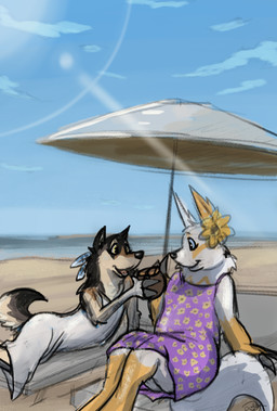accessory anthro beach beach_chair beverage clothed clothing coconut coconut_drink crossdressing crossdressing_male dress drupe_(fruit) duo feather_in_hair feathers flower flower_on_head food fruit hair hair_accessory light light_beam loose_feather lounging male plant sand sea summer sun sunbeam sundress sunlight umbrella water a_dusty_wolf nintendo pokemon dusty_(a_dusty_wolf) quinn_(zangeeses) canid canine canis generation_3_pokemon mammal pokemon_(species) wolf zangoose hi_res