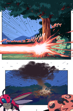 ambiguous_gender bodily_fluids duo feral fire fireball forest forest_background mountain nature nature_background plant roots running_away shrub smoke sound_effects sweat sweatdrop text tree cuchuflin nintendo pokemon ambient_bird generation_2_pokemon ledian ledyba pokemon_(species) absurd_res comic hi_res