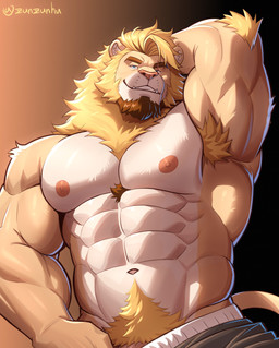 abs anthro areola arm_tuft armpit_hair barely_visible_genitalia barely_visible_penis beard bedroom_eyes biceps big_muscles blonde_hair blue_eyes body_hair brown_beard brown_eyebrows brown_facial_hair chest_tuft clothed clothing countershade_torso countershading elbow_tuft eye_scar eyebrows facial_hair facial_scar fangs forearm_muscles genitals hair happy_trail inner_ear_fluff looking_at_viewer male mane muscular muscular_anthro muscular_male narrowed_eyes navel nipples obliques pecs penis pink_nipples pink_nose pubes pulling_pants_down scar seductive serratus smile smiling_at_viewer solo stocky tail tear_trough teeth topless topless_anthro topless_male triceps tuft v-cut zunzunhu felid lion mammal pantherine absurd_res half-length_portrait hi_res portrait