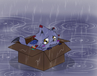 ambiguous_gender anthro blush blush_stickers bodily_fluids box cardboard cardboard_box container crying detailed_background kerchief raining sad solo tears white_body tzoe611 bandai_namco digimon digimon_ghost_game digimon_(species) gammamon