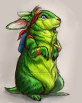 accessory backpack clothed clothed_feral clothing feral fur green_body green_fur headband male orange_wristband rabbit_ears red_headband scut_tail short_tail solo tail whiskers wristband squatinacaprium epic_games jazz_jackrabbit_(series) jazz_jackrabbit lagomorph leporid mammal rabbit digital_media_(artwork) digital_painting_(artwork) full-length_portrait hi_res portrait