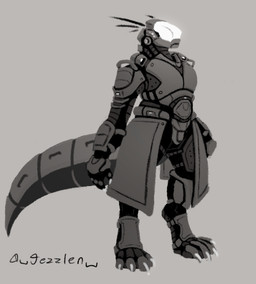anthro armor claws clothed clothing coat futuristic headgear helmet male male_anthro simple_background solo standing tail toe_claws topwear visor jezzlen lizard reptile scalie 2025 digital_media_(artwork) monochrome sketch