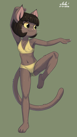 3_toes 4_fingers :3 anthro bangs barefoot bent_leg bikini biped blunt_bangs bob_cut breasts brown_body brown_eyebrows brown_eyes brown_fur brown_hair butt butt_from_the_front camel_toe claws closed_smile clothed clothed_anthro clothed_female clothing collarbone dark_eyebrows dark_eyes dark_hair exposure_variation eyebrow_through_hair eyebrows eyelashes feet female female_anthro finger_claws fingers front_view fur genital_outline glistening glistening_eyes green_background grey_whiskers hair hand_above_head happy humanoid_heel iris light_body light_fur long_tail midriff monotone_background monotone_bikini monotone_body monotone_clothing monotone_fur monotone_hair monotone_swimwear monotone_tail mouth_closed navel nipple_outline on_one_leg pink_inner_ear pink_nose plantar_flexion plantigrade pointy_ears pose prick_ears pupils raised_arm raised_hand short_hair simple_background slim slim_anthro slim_female small_breasts small_waist smile solo standing straight_leg swimwear tail toes translucent translucent_hair two-piece_swimsuit whiskers white_claws yellow_bikini yellow_clothing yellow_sclera yellow_swimwear yoga call_me_ink lackadaisy ivy_pepper domestic_cat felid feline felis mammal 2026 absurd_res cel_shading dated digital_drawing_(artwork) digital_media_(artwork) english_description full-length_portrait hi_res pinup portrait shaded signature