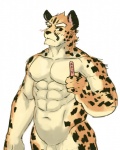 abs anthro biceps big_muscles biped black_body black_eyes black_fur black_nose blush brown_body brown_fur fur looking_at_viewer male markings muscular muscular_anthro muscular_male nipples nude pecs pose simple_background solo spots standing white_background white_body white_fur ainro cheetah felid feline mammal