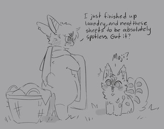 2_tails ambiguous_gender anthro bedding blanket blush cheek_tuft chest_tuft dialogue duo ear_piercing facial_tuft feral fur fur_markings grass inner_ear_fluff laundry laundry_basket male markings multi_tail multicolored_body multicolored_fur on_ground piercing plant tail text tuft two_tone_body two_tone_fur sabiksphinx asian_mythology chinese_mythology east_asian_mythology fabulous_beasts fenz_(studio) mythology hetao_(fabulous_beasts) tuye_(fabulous_beasts) felid lagomorph mammal mengji moon_rabbit pantherine snow_leopard comic end_page english_text hi_res monochrome sketch