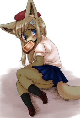 anthro biped black_clothing black_footwear black_legwear black_socks blue_bottomwear blue_clothing blue_eyes blue_skirt blush bottomwear bread brown_body brown_fur brown_hair clothed clothing female food footwear fur hair hat headgear headwear kemono legwear long_hair looking_at_viewer looking_back panties red_clothing red_hat red_headwear shirt shoes simple_background skirt socks solo toast topwear underwear upskirt white_background white_clothing white_shirt white_topwear young hit_ton_ton canid canine fox mammal 2014