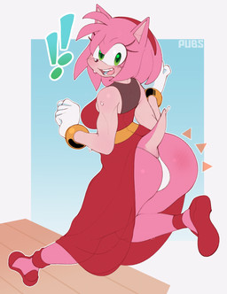 accessory anthro anus_peek big_breasts big_butt black_nose blue_background bodily_fluids bracelet breasts butt clothing dress exclamation_point eyelashes female footwear fur gloves green_eyes grey_background hair hair_accessory hairband handwear head_tuft jewelry looking_back panties pink_body pink_fur pink_hair red_clothing red_dress red_footwear red_shoes shoes short_hair simple_background solo sweat tan_body tan_fur thick_thighs tuft underwear wardrobe_malfunction white_clothing white_gloves white_handwear white_panties white_underwear wide_hips pubs_(artist) sega sonic_the_hedgehog_(series) amy_rose eulipotyphlan hedgehog mammal hi_res