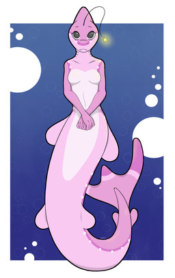 abstract_background anthro breasts fangs female fin nude pink_body pose solo split_form swimming teeth underwater water creature71 hope_(creature71) anglerfish aquatic fish merfolk mershark hi_res pinup