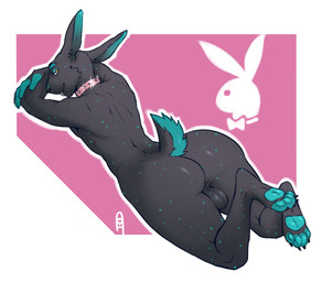 anthro backsack balls bedroom_eyes big_butt black_body black_fur buckteeth butt cheek_tuft collar collar_only ears_back facial_tuft feet_up fur genitals green_markings green_pawpads half-closed_eyes huge_butt inviting looking_at_viewer looking_back lying male markings narrowed_eyes nude on_front pawpads paws perineum pivoted_ears playboy_bunny_logo presenting presenting_balls presenting_hindquarters raised_tail seductive simple_background smile smirk smug smug_face smug_grin solo studded_collar studs tail teeth thick_thighs tuft wide_hips goth_spitter playboy binch lagomorph leporid mammal rabbit absurd_res hi_res