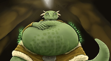 abdominal_bulge after_vore ambiguous_gender anthro belly big_belly bone_imprints bones_in_stomach cave clothed clothing fatal_vore green_body green_scales hand_on_belly horn low-angle_view navel rumbling_stomach scales skull_imprint solo standing tail vore amnesiaaisenma microsoft the_elder_scrolls argonian scalie 2026 hi_res male_(lore)