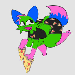 anthro big_butt black_clothing black_shirt black_topwear black_underwear blue_ears blue_tail butt cheek_tuft clothing dipstick_tail facial_tuft fangs food food_print fur gloves_(marking) green_body green_fur grey_background holding_food holding_object holding_pizza leg_markings male markings open_mouth pattern_clothing pattern_underwear pink_markings pizza shirt simple_background smile socks_(marking) solo sparklefur tail tail_markings teeth thick_thighs topwear tuft underwear wide_hips dawrklawst don't_touch_my_pizza_(meme) nyanwolf kevin_(nyanwolf) domestic_cat felid feline felis mammal 1:1 2025 absurd_res digital_media_(artwork) english_description hi_res