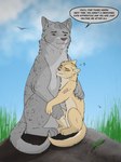 cloud dialogue duo feral grass hug male male/male outside plant sky speech_bubble talking_feral text young young_feral thathornycat capitoline_ranch warriors_(book_series) lazypaw/lazytail_(thathornycat) stonefur_(frostfur101) arthropod avian bird domestic_cat felid feline felis fly_(animal) insect mammal english_text hi_res