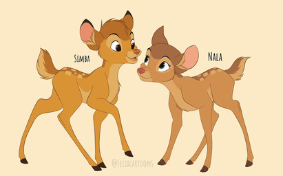 alternate_species black_eyebrows brown_eyes duo eye_contact eyebrows female feral green_eyes head_tuft hooves looking_at_another male nude open_mouth pink_nose quadruped snout tail toony tuft young young_female young_feral young_male felixcartoons bambi_(film) disney the_lion_king nala_(the_lion_king) simba_(the_lion_king) deer mammal flat_colors hi_res