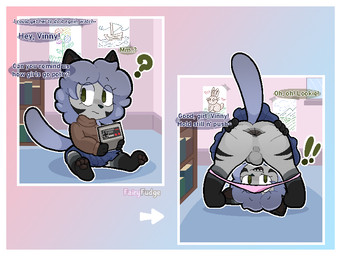 anthro anus balls biped blue_bottomwear blue_clothing blue_skirt bookshelf border bottomwear butt clothed clothing daycare dialogue exclamation_point eyelashes fluffy fluffy_hair fur furniture genitals good_girl green_eyes grey_body grey_fur hair imminent_feces looking_at_viewer looking_through looking_through_legs male naive panties panties_down partially_clothed pawpads paws penis pink_clothing pink_panties pink_underwear question_mark raised_tail sharp_teeth simple_background skirt solo speech_bubble spread_anus spread_butt spreading sweater tail teeth text topwear underwear underwear_down white_border young young_anthro fairyfudge nintendo nintendo_ds_family vinny_(vinnythekitty) domestic_cat felid feline felis mammal 4:3 alternate_version_at_source artist_name digital_media_(artwork) english_text hi_res sequence nonbinary_(lore)