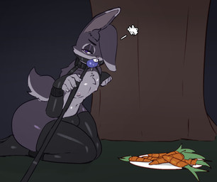 5_fingers annoyed anthro armwear ball_gag bdsm biped bodily_fluids bondage bondage_gear bound buckteeth bulge carrot chest_tuft clothed clothed_anthro clothed_male clothing collar cuff_(restraint) drooling elbow_gloves emanata eyeshadow femboy fingerless_gloves fingers food frown fur gag gagged glistening glistening_clothing gloves half-closed_eyes hands_tied handwear humanoid_hands kneeling latex latex_clothing latex_gloves latex_handwear latex_legwear latex_thigh_highs leaning leaning_forward leash leash_pull leashed_collar legwear long_ears makeup male male_anthro narrowed_eyes navel nipples one_eye_obstructed plant plate restraints saliva scut_tail seiza short_tail side_view sitting skimpy solo tail teeth thick_thighs thigh_highs tight_clothing topless topless_anthro topless_male tuft underwear vegetable wrist_cuffs lrks kinktober_2024 oat_(lrks) lagomorph leporid mammal rabbit 2024 digital_media_(artwork)