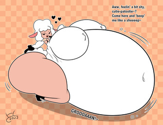 abdominal_bulge ambiguous_inflation anthro bedroom_eyes belly big_belly big_breasts big_butt breast_tuft breasts butt female flirting flirting_with_viewer fur groaning_belly heart_symbol huge_belly huge_breasts huge_butt huge_hips hyper hyper_belly hyper_breasts hyper_butt hyper_hips looking_at_viewer narrowed_eyes onomatopoeia organs rumbling_stomach seductive solo sound_effects stomach talking_to_viewer tan_body tan_skin text tuft white_body wide_hips wool_(fur) hatty_ya_ku droopy_(series) metro-goldwyn-mayer sheep_wrecked leggy_lamb bovid caprine mammal sheep 2023 absurd_res english_text hi_res